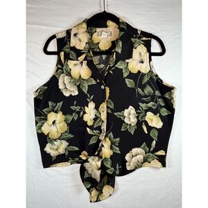 Tommy Bahama Womens Large Silk Hibiscus Floral Sleeveless Tie Front Top Black L